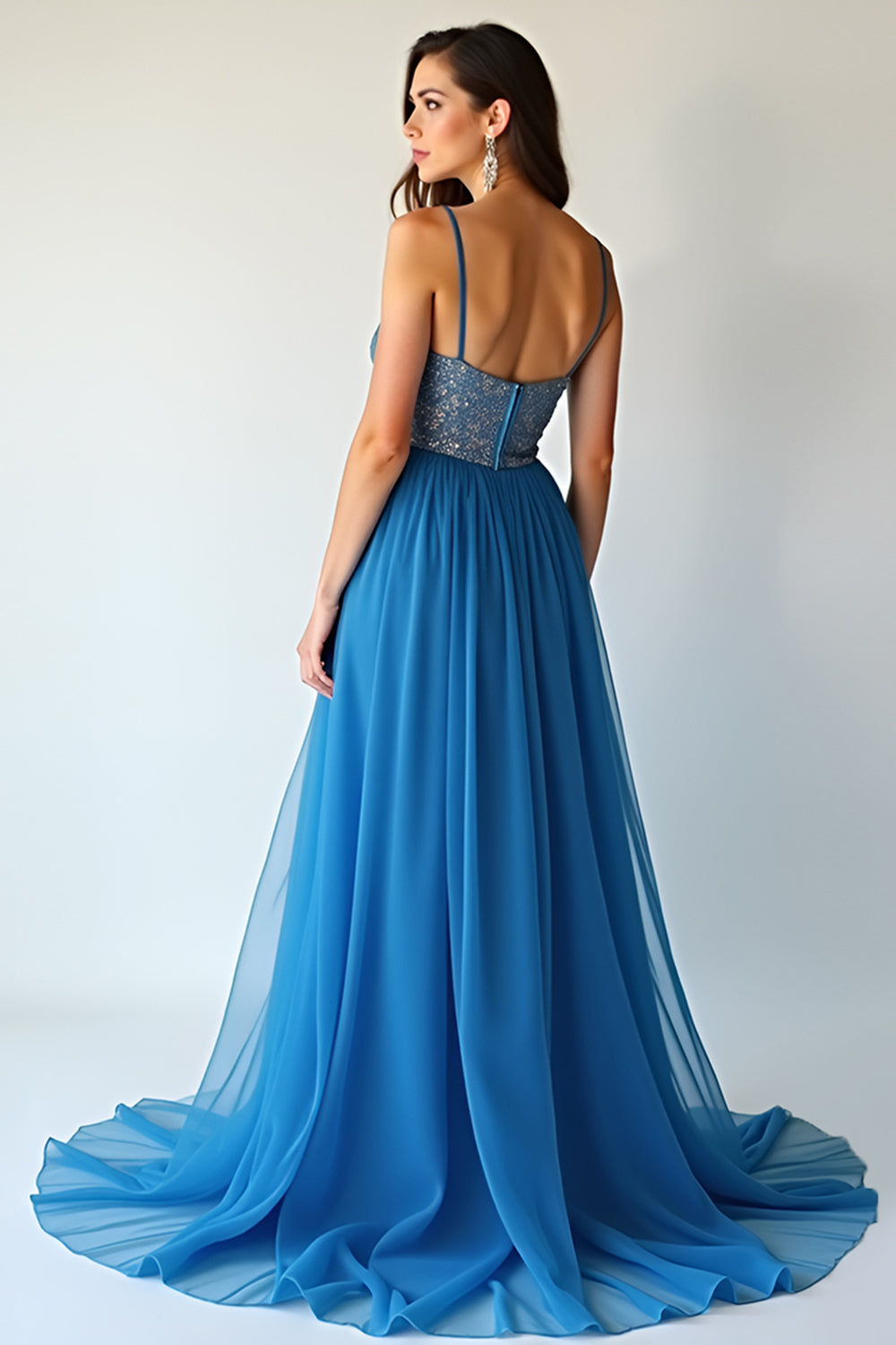 Blue Beaded Long Prom Dress With Slit