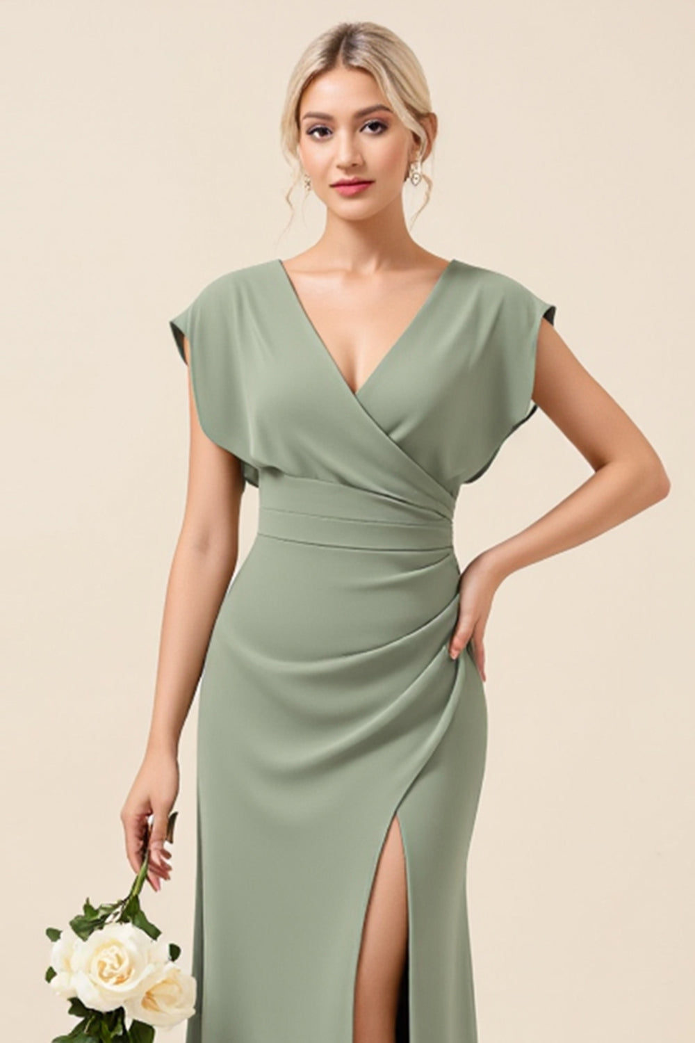 Eucalyptus Wrap V Neck Bridesmaid Dress with Slit
