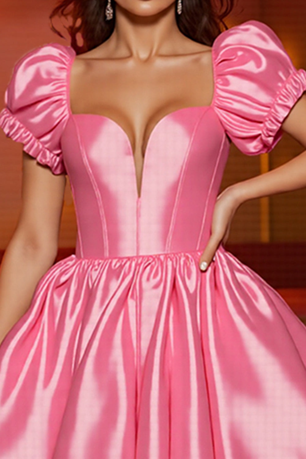 Pink Satin A Line Puff Sleeve Homecoming Dress