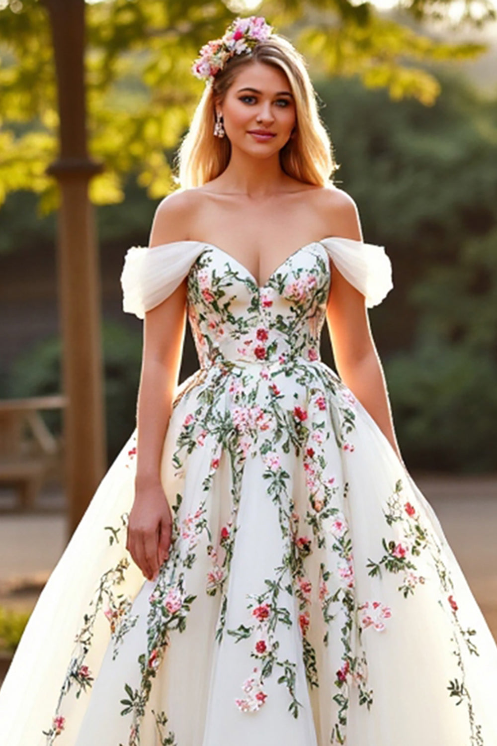 Off The Shoulder White Floral Wedding Dress with Appliques