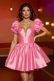 Pink Satin A Line Puff Sleeve Homecoming Dress