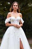 Off The Shoulder White A Line Wedding Dress with Slit