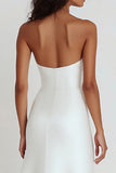 White Strapless Sheath Satin Ruffled Wedding Dress