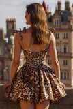 Stylish Khaki Leopard Beaded Spaghetti Straps A-Line Homecoming Dress