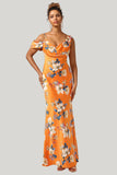 Trendy Mermaid One Shoulder Printed Orange Flower Maxi Dress