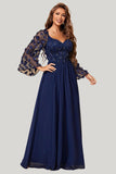 Navy A Line Long Sleeves Corset Maxi Dress with Long Sleeves