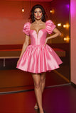Pink Satin A Line Puff Sleeve Homecoming Dress