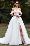 Off The Shoulder White A Line Wedding Dress with Slit