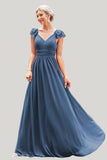 Grey Blue A-Line V-Neck Sleeveless Maxi Dress