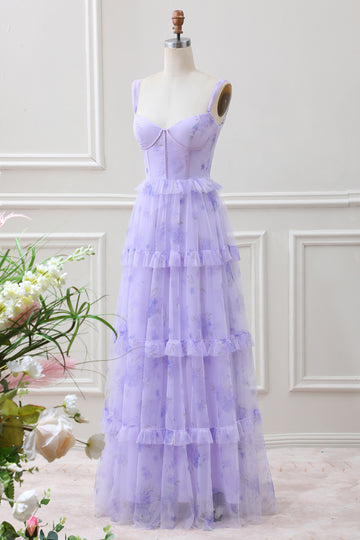 Lavender A Line Corset Spaghetti Straps Floral Tiered Maxi Dress