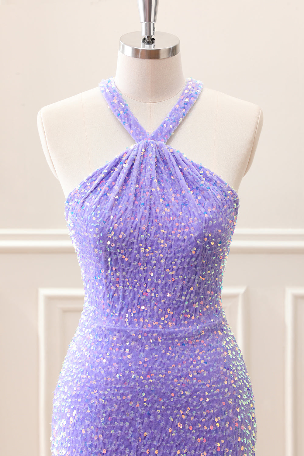 Sparkly Royal Blue Bodycon Halter Sequin Mini Dress with Tassel