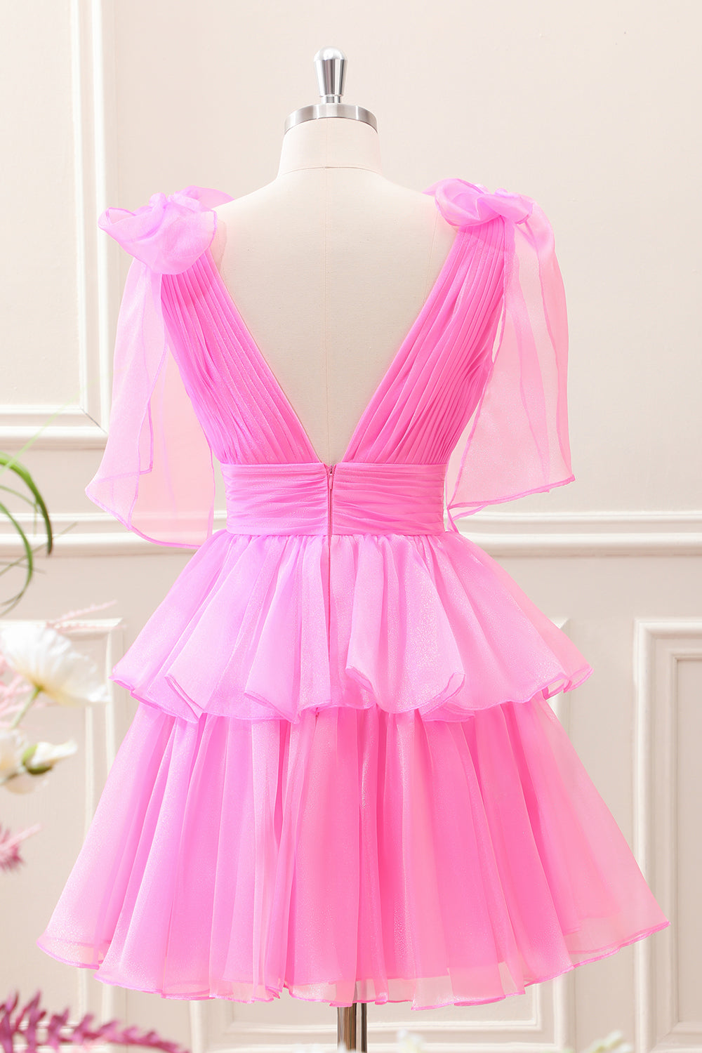 Cute Light Blue A Line V Neck Pleated Tiered Mini Dress