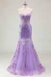 Purple Strapless Sequined Mermaid Corset Prom Dress