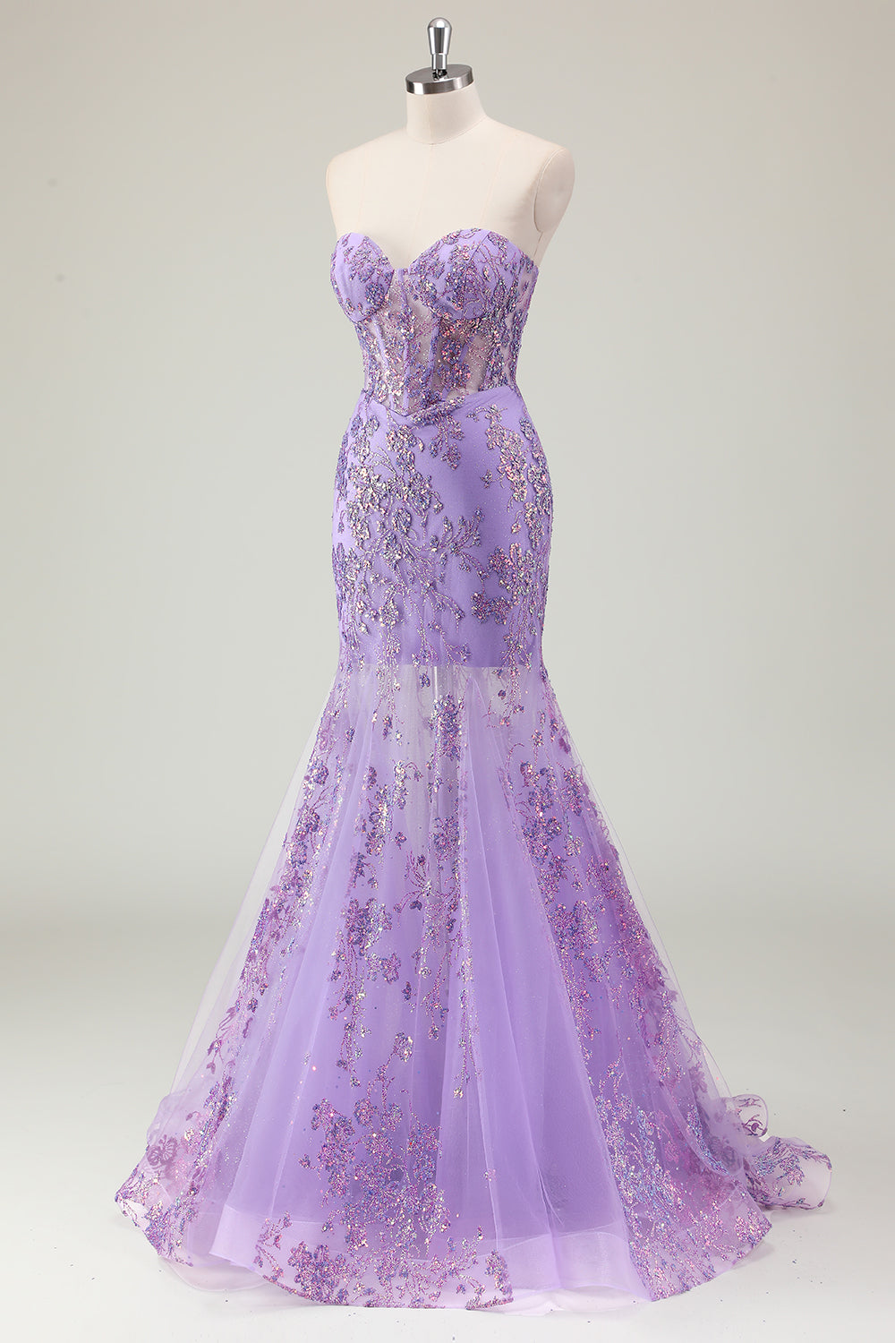 Purple Strapless Sequined Mermaid Corset Prom Dress