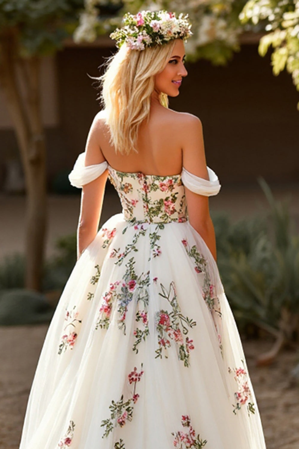 Off The Shoulder Floral White Wedding Dress with Appliques