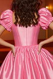 Pink Satin A Line Puff Sleeve Homecoming Dress