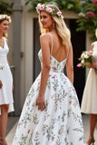 Floral White Spaghetti Straps A Line Wedding Dress