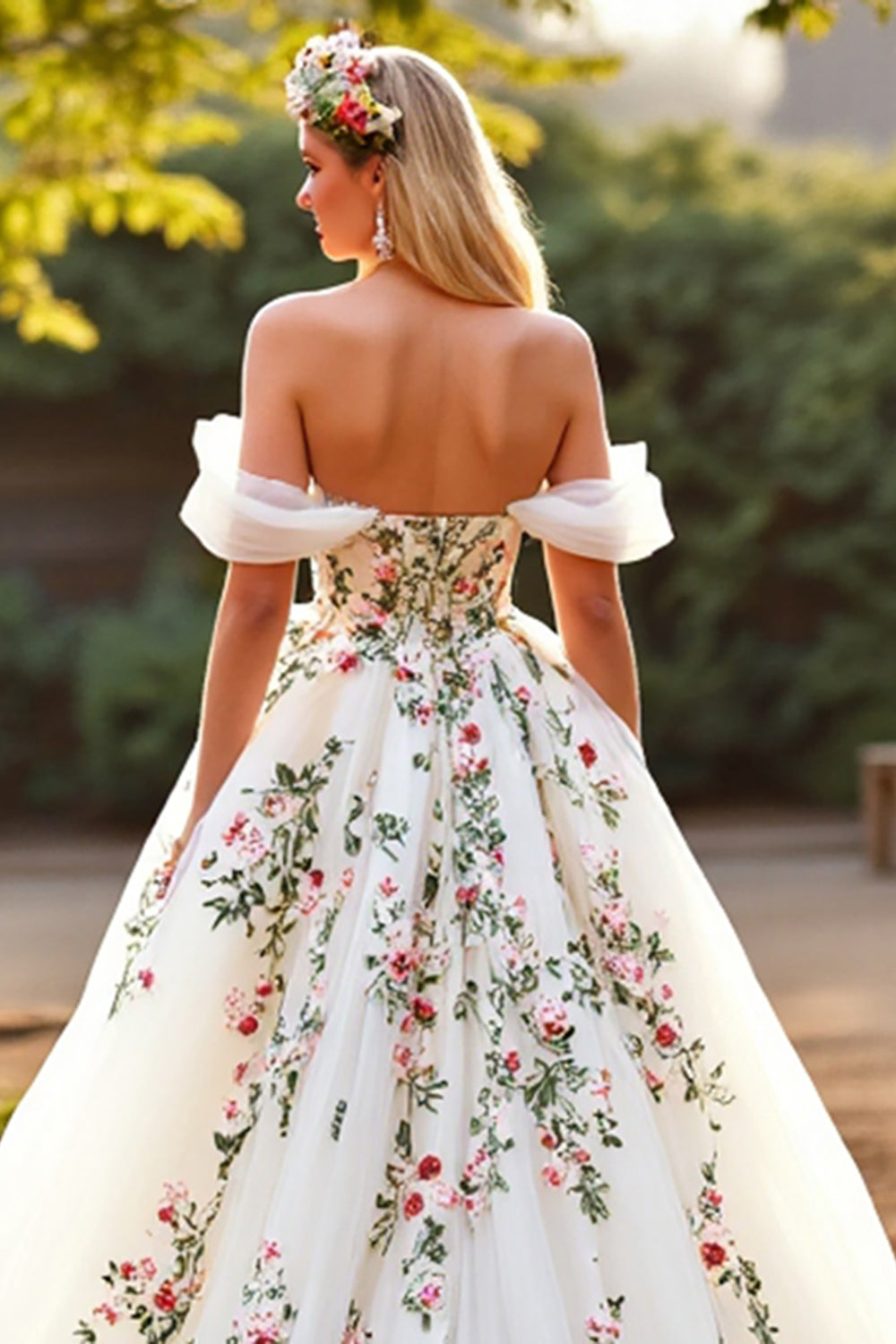 Off The Shoulder White Floral Wedding Dress with Appliques
