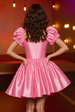 Pink Satin A Line Puff Sleeve Homecoming Dress