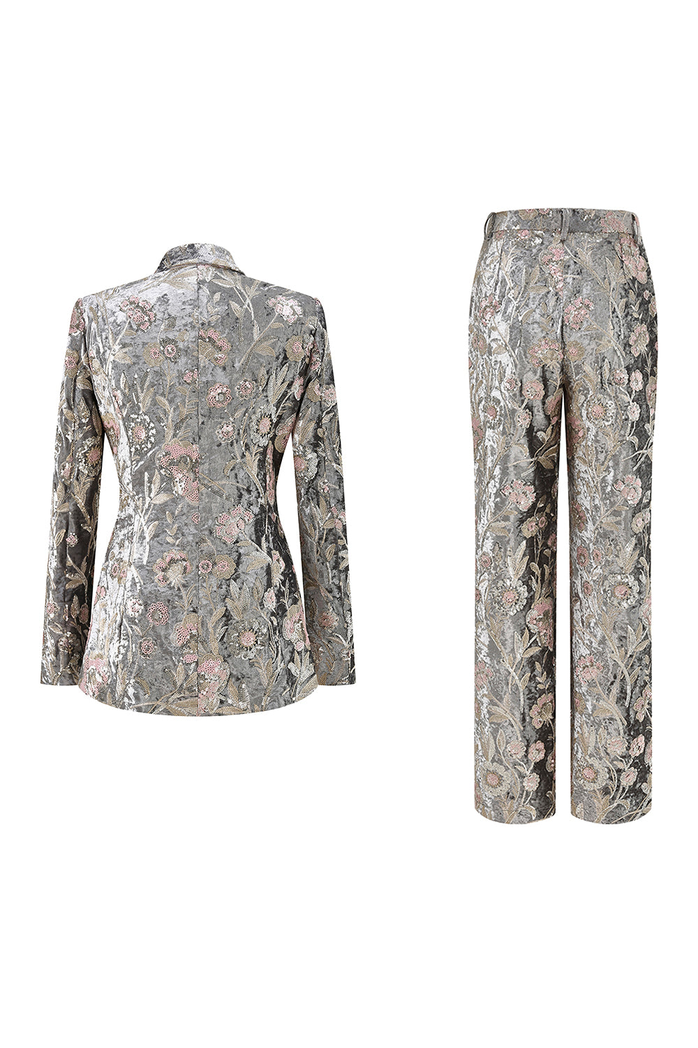 Sparkly Grey 2 Piece Floral Peak Lapel Women Prom Suit