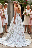 Floral White Spaghetti Straps A Line Wedding Dress