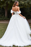 Off The Shoulder White A Line Wedding Dress with Slit