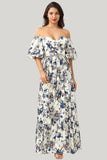 White Blue Flower A Line Off the Shoulder Long Maxi Dress