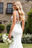 Lace Ivory V Neck Ruched Mermaid Wedding Dress with Slit