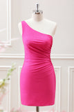 Hot Pink One Shoulder Pleated Hollow Out Bodycon Mini Dress