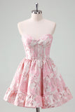 Beauty Blue A Line Pleated Strapless Corset Floral Mini Dress