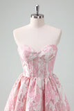 Beauty Blue A Line Pleated Strapless Corset Floral Mini Dress