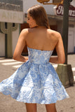 Beauty Blue A Line Pleated Strapless Corset Floral Mini Dress