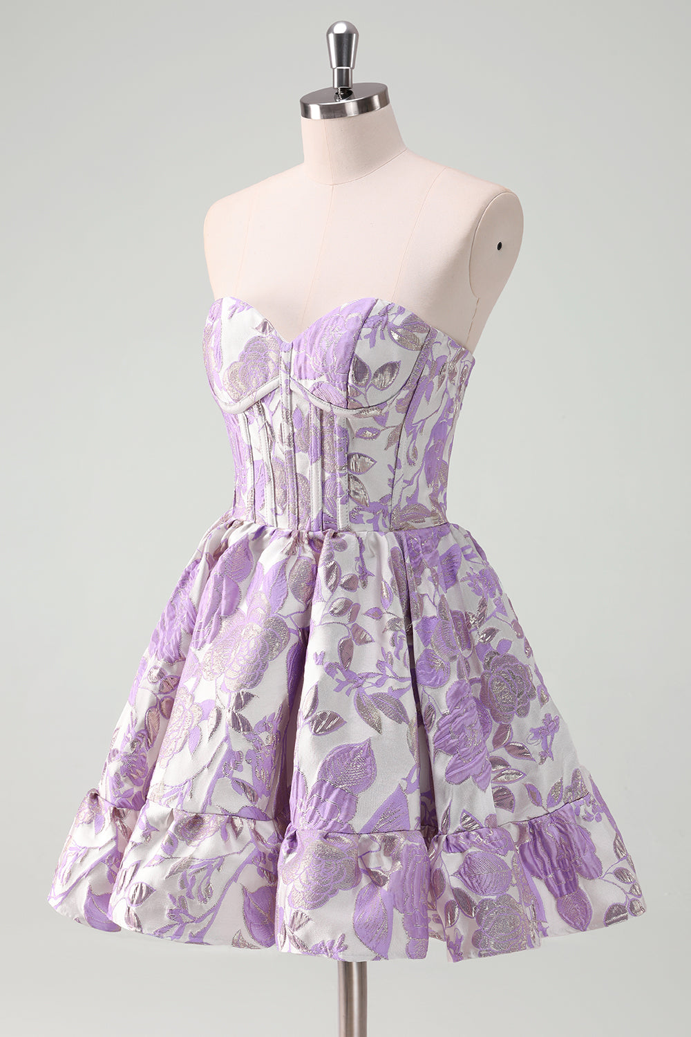 Beauty Blue A Line Pleated Strapless Corset Floral Mini Dress