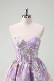 Beauty Blue A Line Pleated Strapless Corset Floral Mini Dress