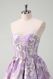 Beauty Blue A Line Pleated Strapless Corset Floral Mini Dress