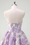Beauty Blue A Line Pleated Strapless Corset Floral Mini Dress
