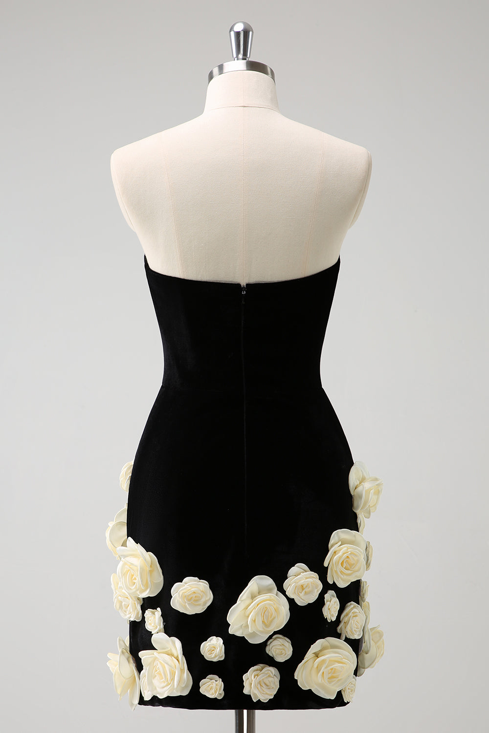 Black Strapless Tight Mini Dress with Flowers
