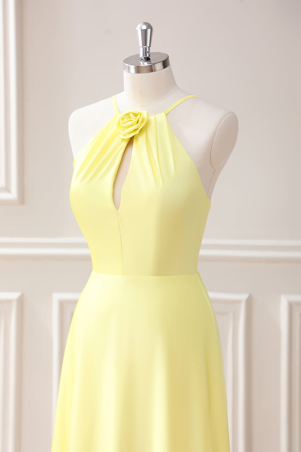 Yellow A Line Halter Cut Out Maxi Dress with Flower