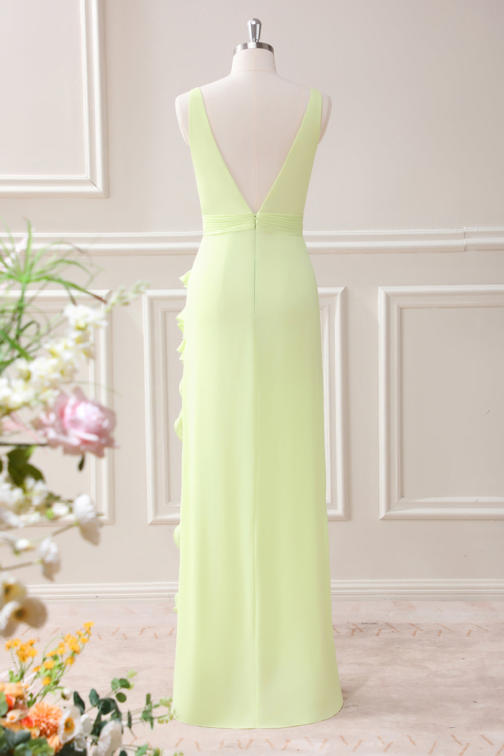 Lemon Sheath Deep V Neck Ruffles Maxi Dress with Slit