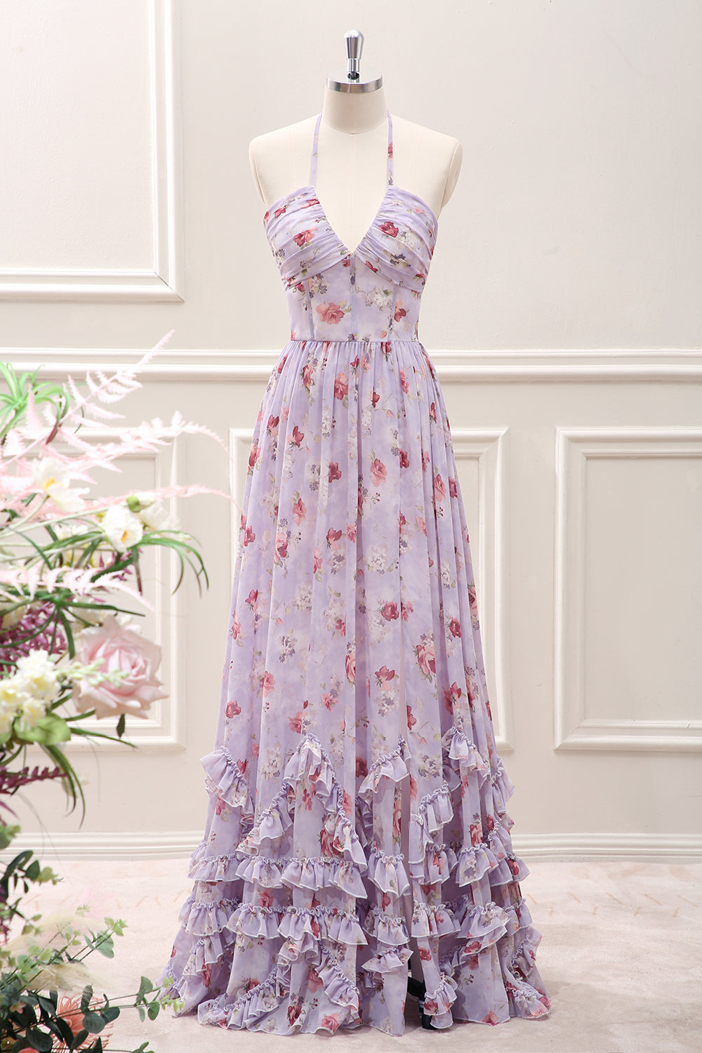 Grey Purple Ruffled A Line Halter Floral Corset Maxi Dress