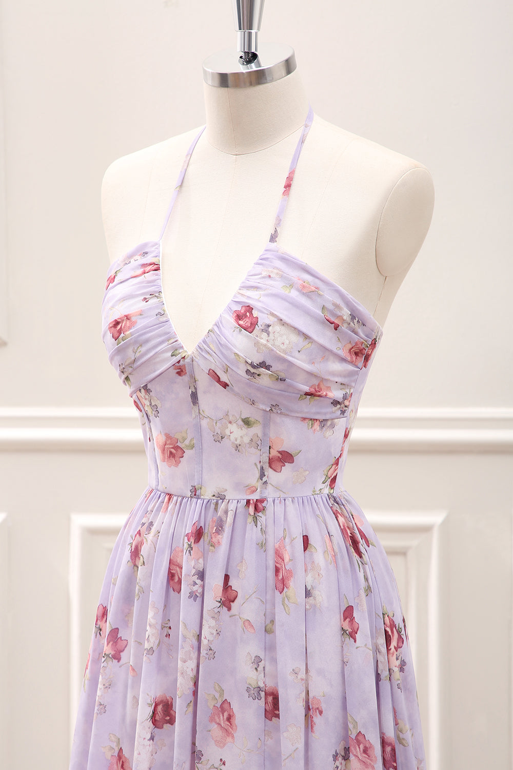 Grey Purple Ruffled A Line Halter Floral Corset Maxi Dress