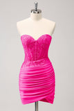 Fuchsia Sweetheart Corset Tight Homecoming Dress with Beading
