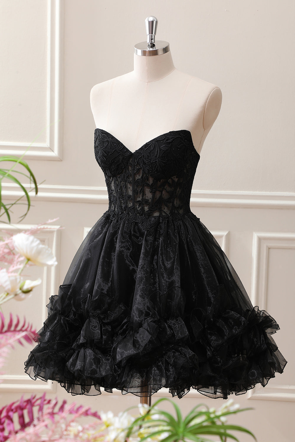 Black A Line Ruffles Corset Beaded Tulle Strapless Mini Dress
