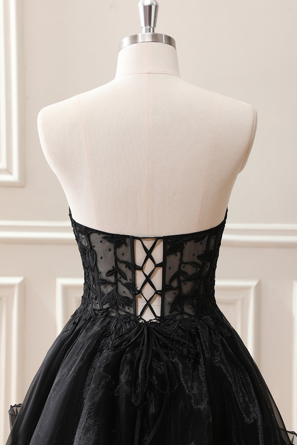 Black A Line Ruffles Corset Beaded Tulle Strapless Mini Dress