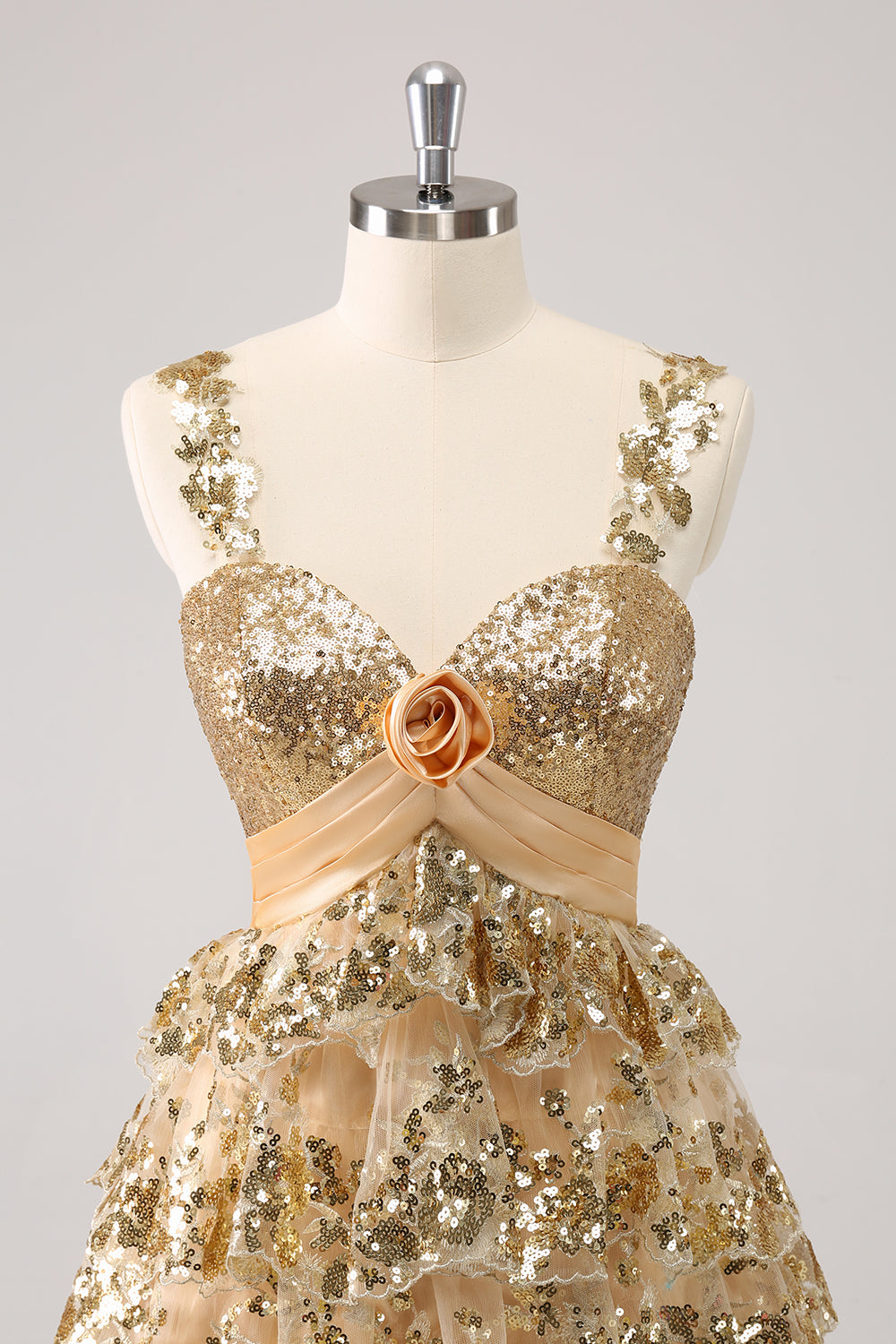 Golden A-Line Spaghetti Straps Sequined Mini Dress with Flower