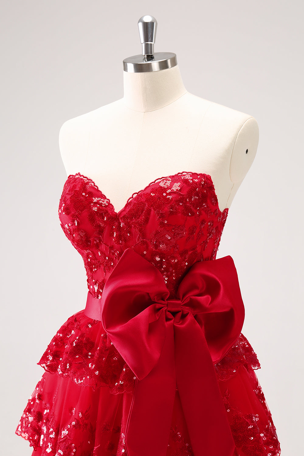 Red Sequined A Line Tiered Corset Strapless Mini Dress with Bows