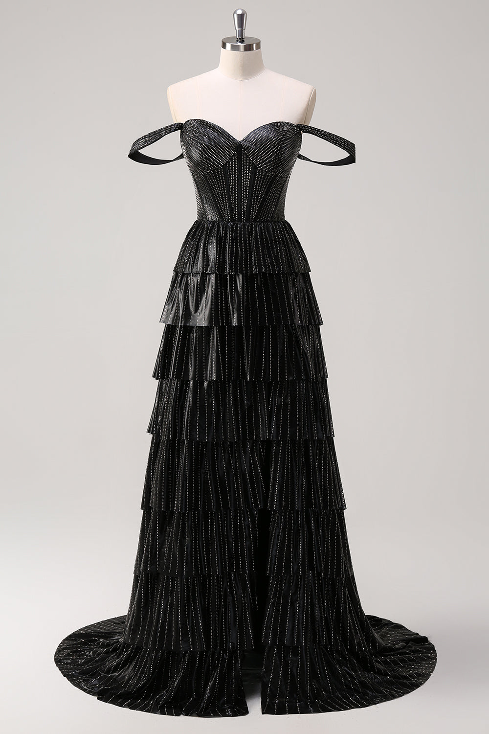 Black Beading Tiered Off the Shoulder Prom Dress with Slit