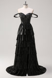 Black Beading Tiered Off the Shoulder Prom Dress with Slit