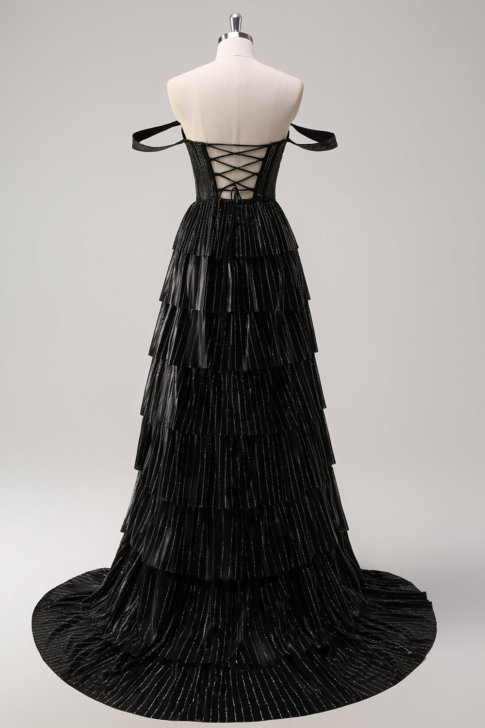 Black Beading Tiered Off the Shoulder Prom Dress with Slit