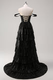 Black Beading Tiered Off the Shoulder Prom Dress with Slit